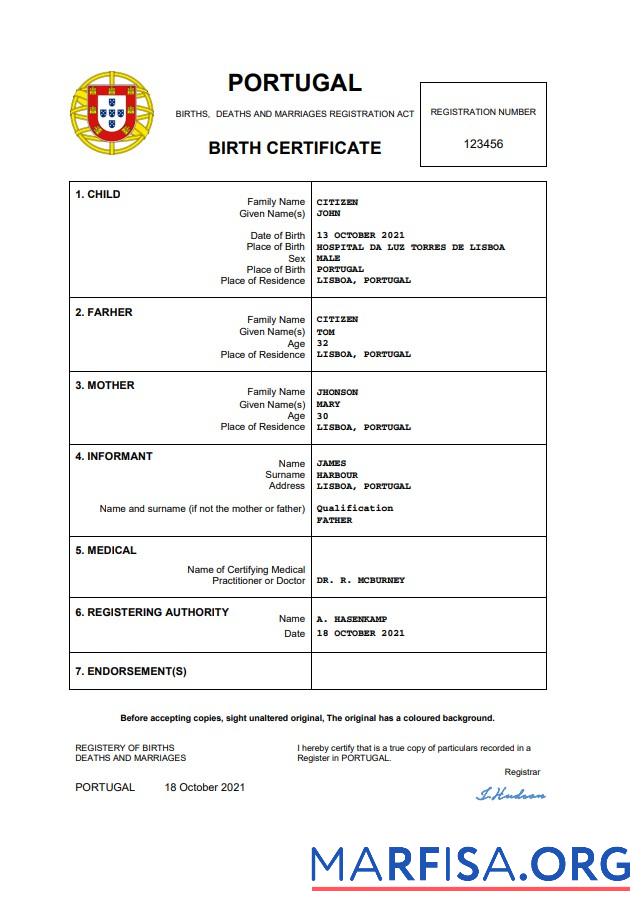 Realistic Portugal birth certificate Word and PDF template